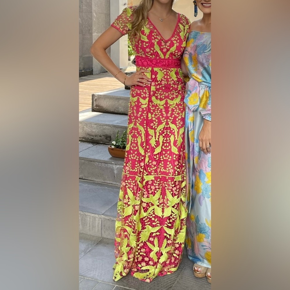 NWT Marchesa Notte Gown Lace Guipure Birds Asian Fuchsia Pink Yellow V-Neck